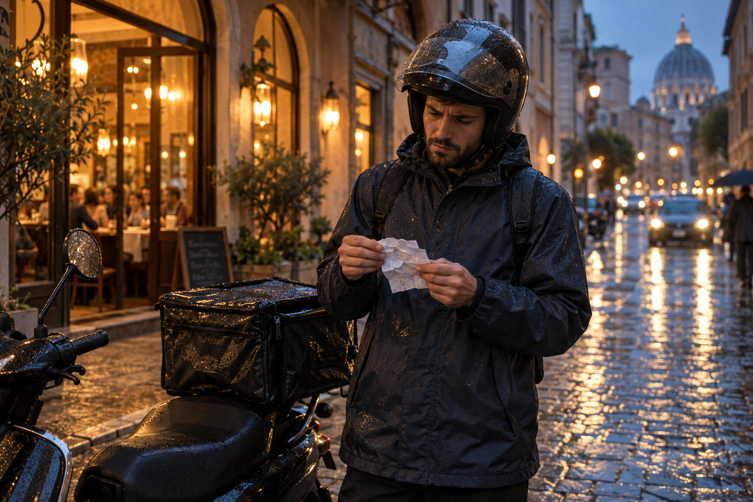 Scena illustrativa: rider fermo vicino allo scooter con un foglietto bagnato e poco leggibile
